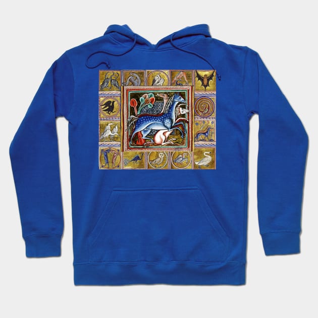 MEDIEVAL BESTIARY THREE HORSES, FANTASTIC ANIMALS IN GOLD RED BLUE COLORS Hoodie by BulganLumini